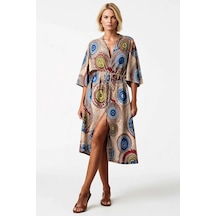 Ersefa Kadın Kısa Kollu Önü Açık Belden Kuşaklı Uzun Kimono Mandala Dese Çok Renkli