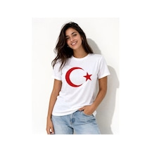 Kadın T-shirt Kısa Kol Bisiklet Yaka Ay Yıldız Bayrak Baskılı Tişört - Beyaz