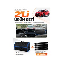 Hyundai Tucson 2018-2021 Uyumlu Torpido Örtüsü + Deri Bagaj Çantası + Sticker Seti - Siyah Mavi