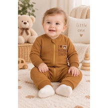 Beniizle Baskılı Unisex 3 İplik Şardonlu Fermuarlı Bebek Tulum Kahverengi