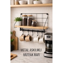 Duvar Rafı Metal Ahşap Kahve Köşesi Rafı Kancalı Askı Baharatlık Kahverengi Kahverengi