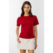Kadın T-shirt Kısa Kollu Organik Pamuklu Bisiklet Yaka Crop T-shirt Kadın-t-shırt Bordo