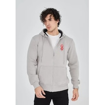 Unisex Baskılı Tam Fermuarlı Kapşonlu Sweatshirt - Boyalı Gri Açık Gri