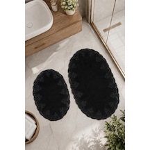 Beyaz 2'li Dantelli Kaymaz Deri Tabanlı Oval Banyo Paspası Güpürlü Yıkanabilir Banyo Takımı Piera Siyah