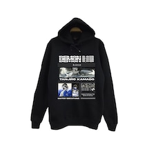 Demon Slayer Tanjirō Kamado Anime Baskılı Unisex %100 Pamuk Kapüşonlu Siyah Sweatshirt Siyah