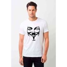 V For Vandetta Mask Baskılı Beyaz Erkek Tshirt