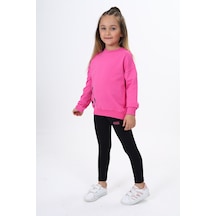 Toontoy Kids Toontoy Kız Çocuk 2'li Takım Baskılı Bisiklet Yaka Düşük Omuz Sweatshirt & Basic Düz Tayt Fuşya