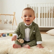 Baby Kids Colors Flamlı Keten Salaş Ceketli Takım Elbise/gömlek Pantolon Ceket Papyon Ay Grubu Zıbınlı Haki