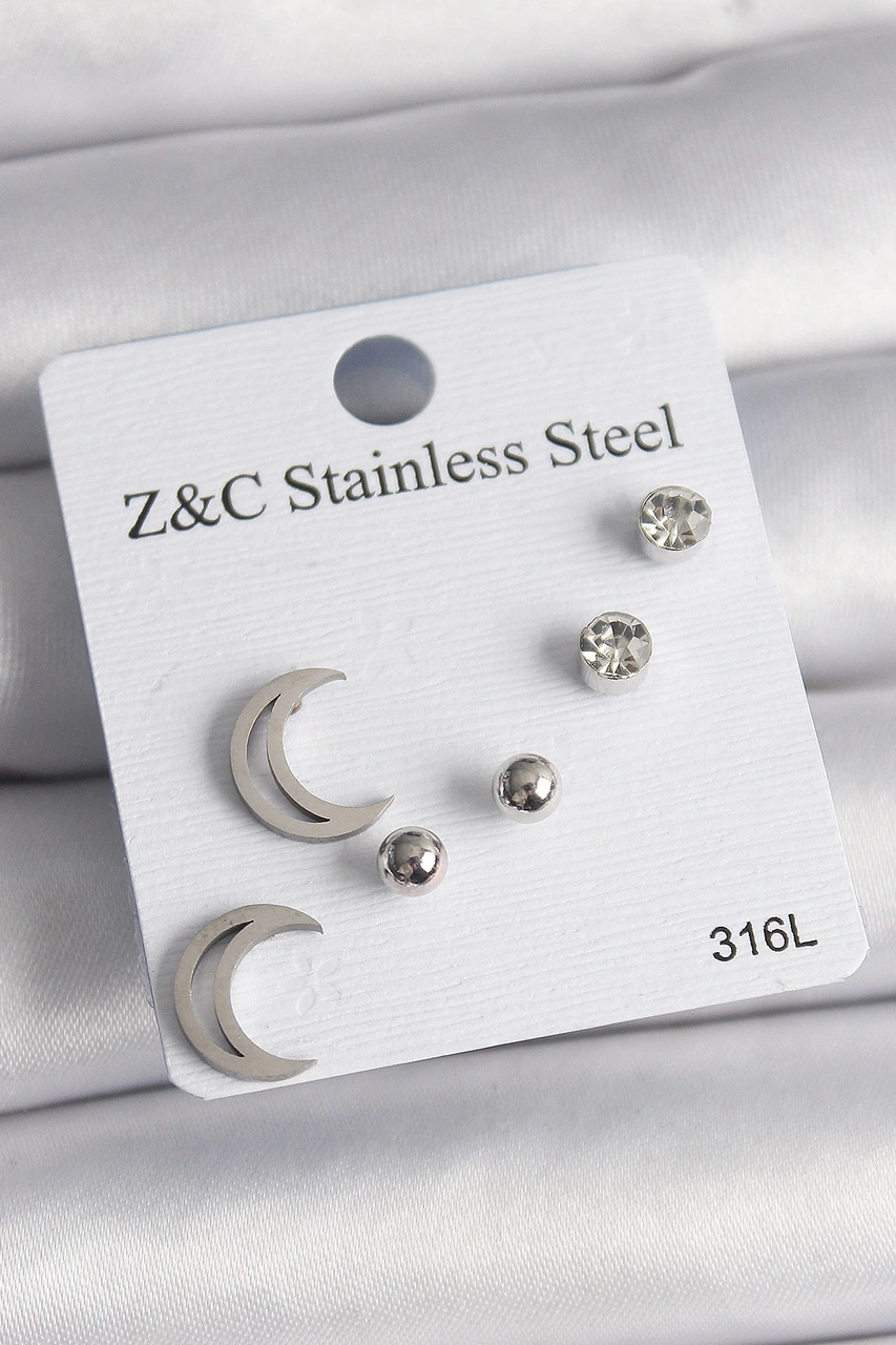 Dodes Dodes 316l Çelik Gümüş Renk Zirkon Taşlı Hilal Model Kadın Küpe Seti Tg27bkp10010 Çok Renkli