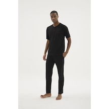 Angbutik Kocabey 2209-1 Erkek Süper Battal Midi Yaka Pijama Takım Siyah