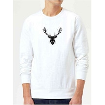 Silhouette Deer Baskılı Beyaz Erkek Örme Sweatshirt