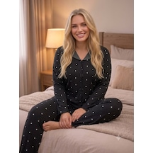 Kadın Büyük Beden Uzun Kollu Desenli Fiyonk Detaylı Kaşkorse Kumaş Pijama Takımı Siyah Beyaz