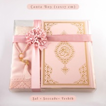 Şal + Seccade + Tesbih + Kuran Hediye Seti Çanta Boy, Ekonomik Cilt, Pembe