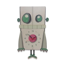 CajuArt Ahşap Sallanan Sarkaçlı Robot Adam Çocuk Odası Duvar Saati Yeşil