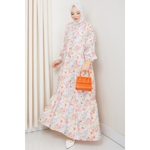 Elera Desenli Yarasa Kol Tesettür Elbise 1572 - Pembe Pembe