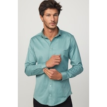 Tudors Slim Fit Likralı Düz Pamuk Saten Yeşil Erkek Gömlek-29715-yeşil Yeşil