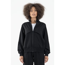Maraton Sportswear Oversize Kadın Dik Yaka Uzun Kol Basic Siyah Tracktop 22176-siyah Siyah