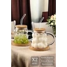 2li Bambu Kapaklı Boncuk Üzüm Tanesi Bardak 350ml Isıya Dayanıklı Cam Pipetli Kahve Sunum Bardağı Çok Renkli