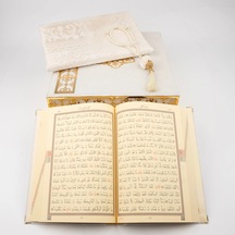 Kuran + Seccade + Tesbih Hediye Seti Orta Boy, Raşel Kare Kutu, Krem