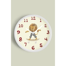 Güneş Gözlüklü Kaykay Yapan Sevimli Aslan Çocuk Odası Modern Duvar Saati - 25cm - Önü Camlı-jh0222 Beyaz