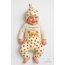 Babyden's Babaannesinin Balı 3 Lü Yenidoğan Takım Pamuklu Uzunkol Body,çiçek Arı Desenli Pantolon,bere Ekru
