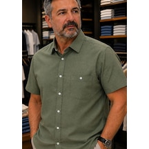 Beyome Erkek Keten Görünümlü Kısa Kollu Gömlek Rahat Kalıp Yazlık Nefes Alan Kumaş S-5xl Koyu Yeşil