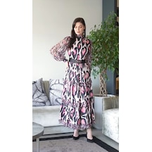 Kadın Leopar Desenli Şifon Elbise Uzun Kollu, Yüksek Yaka, Kuşaklı Bel Detaylı, Modern Kalıp Siyah-bej