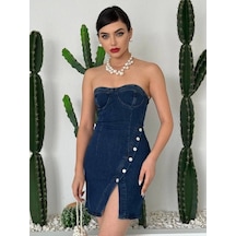 Defymoda Nerg Düğme Detaylı Elbise Koyu Mavi