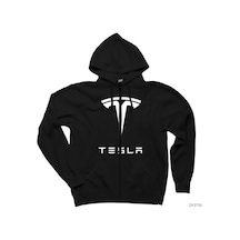 Tesla Logo Siyah Fermuarlı Kapşonlu Sweatshirt Siyah
