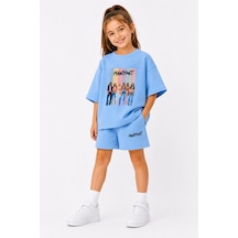 Fasardi Manifest Girls M6nifestgirls Baskılı Oversize %100 Pamuk Tişört Şort 2li Çocuk Takım Mavi