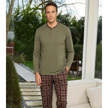 Pijamoni Erkek Standart Kalıp Pamuklu Düğme Yaka Uzun Kol Baharlık Pijama Takımı 6300/5h - 1 Adet Haki