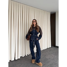 Laluvia Lacivert - Kahve Bağlamalı Ceket Pantolon Denim Takım - 0836 Lacivert