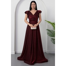 Kalopya Kol Volanlı Simli Abiye Elbise 39925 Bordo
