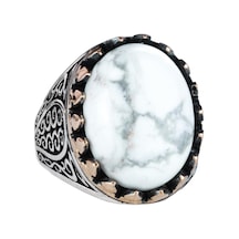 925 Ayar Katı Gümüş Erkek Yüzük, Doğal Taşlarla - El Yapımı Zarafet Howlite Taşı Gümüş