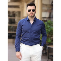 Süper Slim Fit Dar Kalıp Gizli Düğmeli Pamuk Saten Gömlek Lacivert