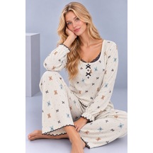 Pijamask Kadın Desenli Dantel Detaylı Fiyonk Ve Düğmeli Uzun Kollu Pijama Takımı Beyaz-22