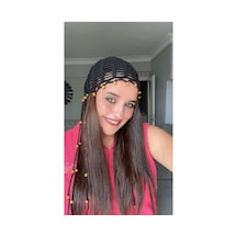 Kadın El Örgüsü Boncuklu Saç Filesi Bandana Bohem Saç Aksesuarı Siyah