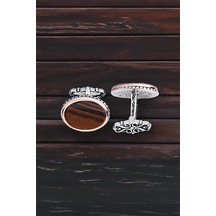 ​​​​​​Gümüş Kaplan Gözü Taşlı Oval Kol Düğmesi -5796 Gümüş