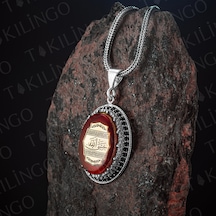Takılingo 925 Ayar Gümüş Kehribar Taşlı Arapca Hasbi Allah Yazılı Erkek Kolye Gümüş