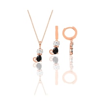 Gümüş Rose Zirkon Taşlı Özel Tasarım Kedi Kolye Ve Küpe İkili Set