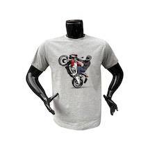 Motosiklet Ön Kaldıran Motorcu Baskılı %100 Pamuk Regular Fit Bisiklet Yaka Gri Gri T-shirt Gri