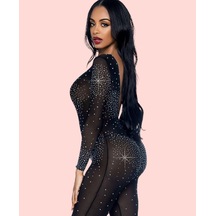 Intive Lingerie Kadın Siyah Sırt Dekolteli Ağır Kaliteli İthal Taşlı Vücut Çorabı Siyah