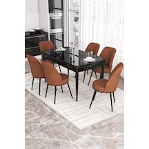 Canisa Concept Kor Serisi 70x114 Açılabilir Mutfak Masası Takımı Siyah Mermer Desen Masa 6 Kiremit Sandalye Masa Siyah Mermer Desen Sandalyeler Kiremit
