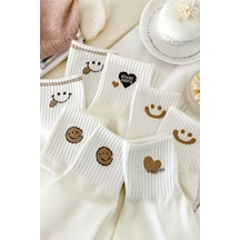 Hitit Socks Kadın 5 Çift Premium Kalite Gülen Surat Ve Kalp Desenli Kısa Soket Çorap beyaz