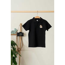 Geyik Nakışlı Polo Yaka Erkek T-shirt - Siyah