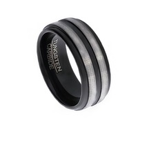 Erkek Gümüş İkili Çizgi Model Siyah Renk Tungsten Yüzük Siyah - Gümüş