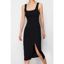 Ersefa Moda Stil Slim Kare Yaka Midi Boy İtted Vücuda Oturan Yırtmaçlı E Siyah