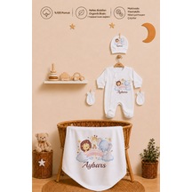 Pia Baby İsme Özel Erkek Bebek Hastane Çıkışı 4 Lü Set %100 Pamuk Organik Baskılı Battaniyeli Tulum Seti 1022btyx Krem