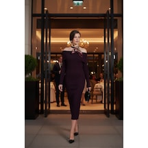 Lela Premium Fitilli Carmen Yaka Slim Fit Midi Boy Triko Bayan Elbise 680El00033 Mürdüm