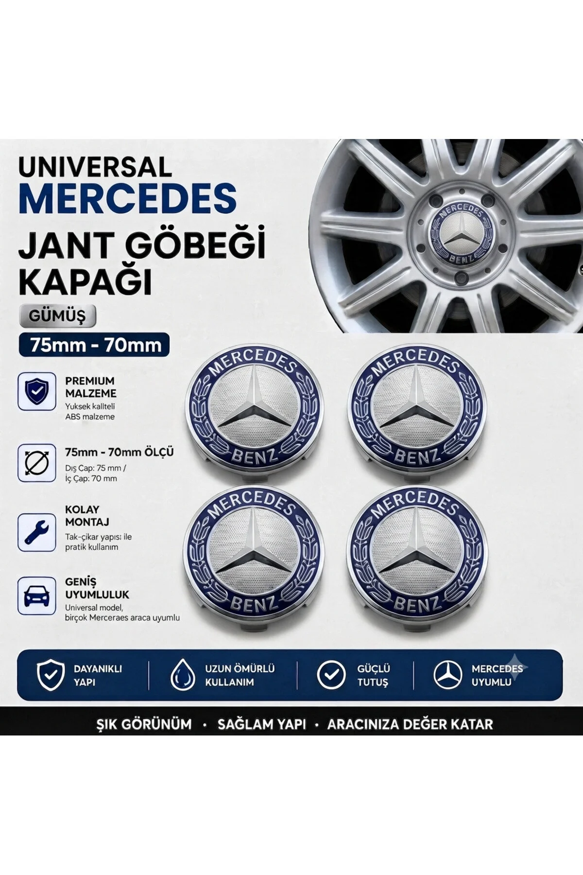 Universal Mercedes Jant Göbeği Kapağı 75mm - 70mm
